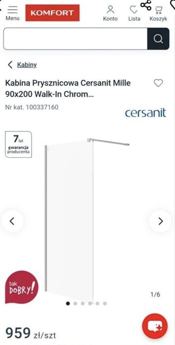 Ścianka kabiny prysznicowej cersanit mille 90x200 walk-in chrom NOWA