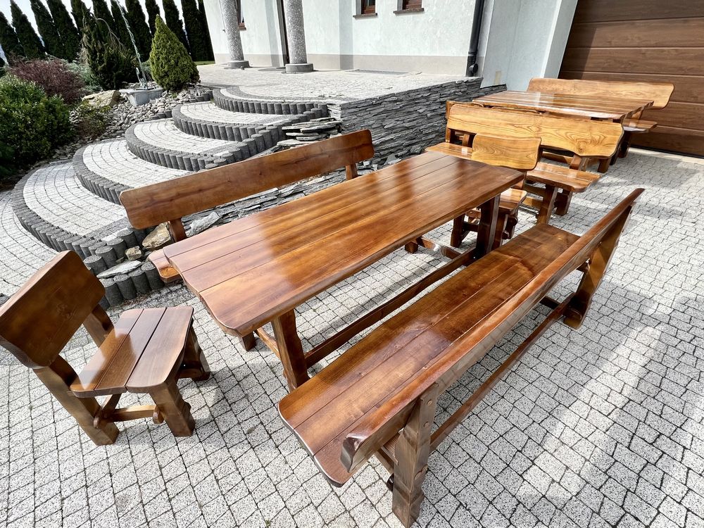 Zestaw mebli 200 cm ogrodowych drewno lite stół ławki