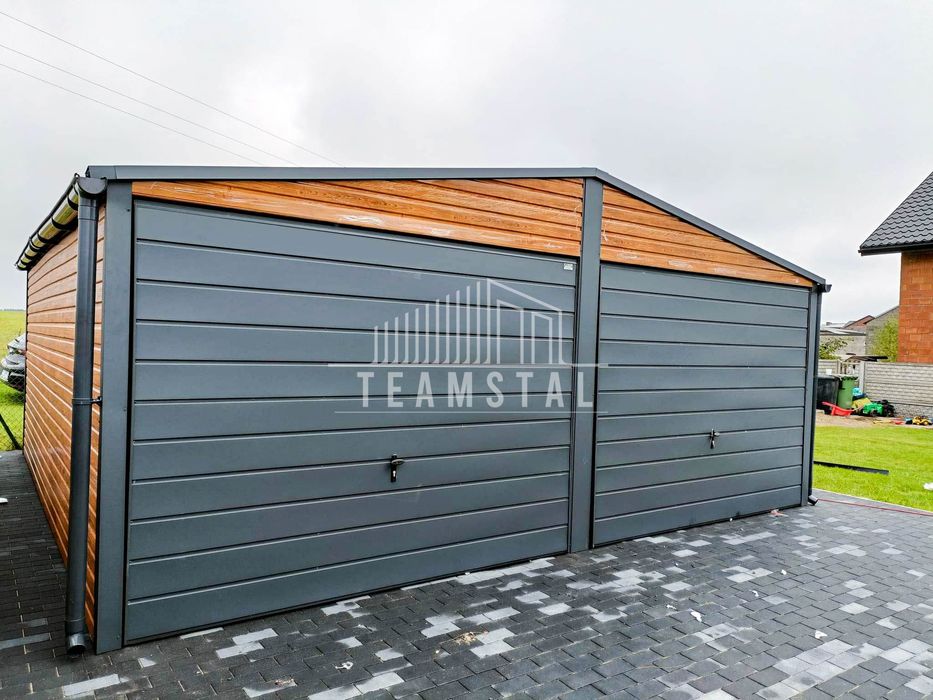 GARAŻ BLASZANY 6m x 6m 2x Brama orzech + antracyt drzwi TS248 6x6