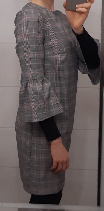 Tunika sukienka w kratę, szara, do biura, do pracy