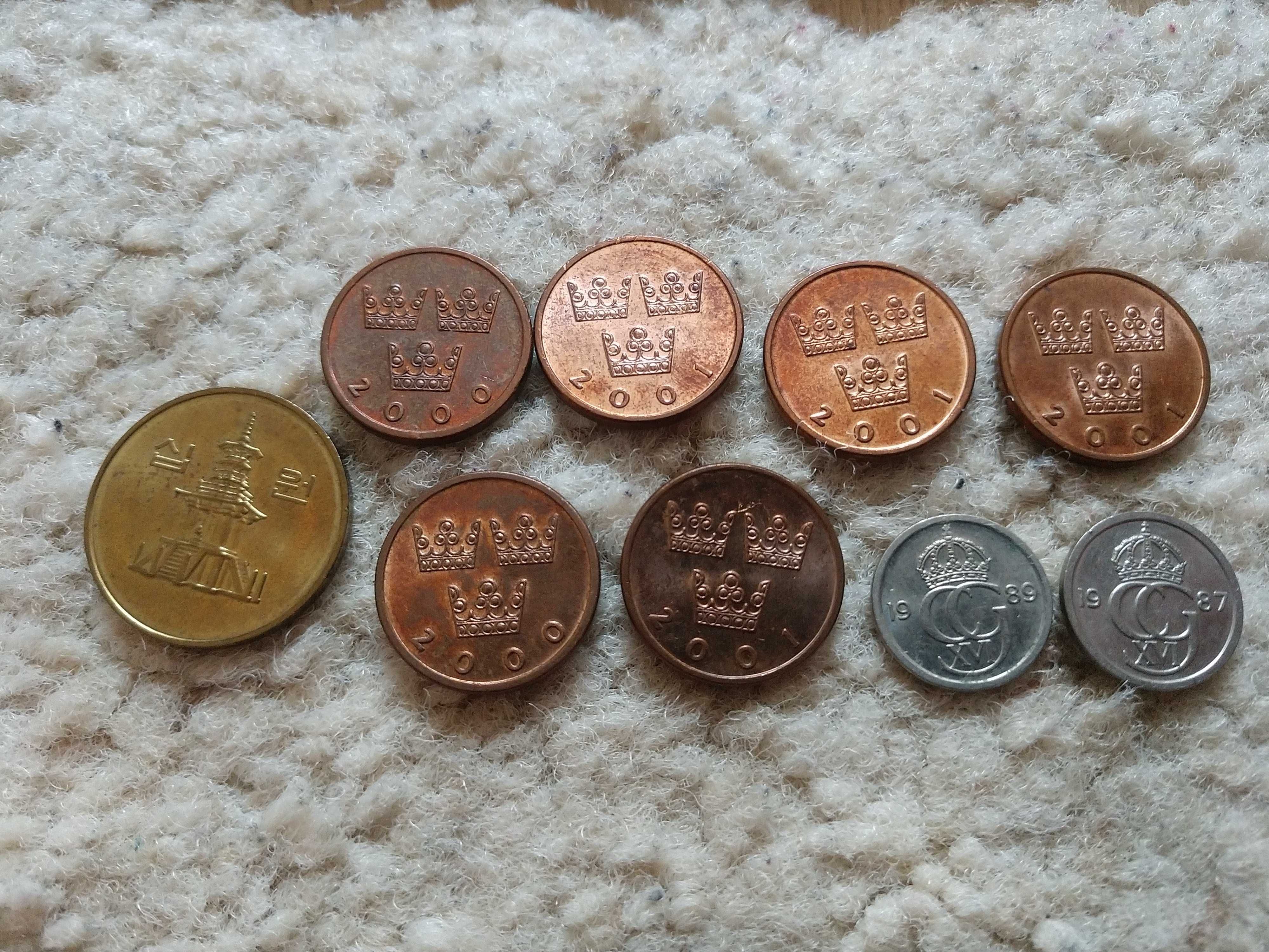 Монети Бельгія 1, 5, 20 франків; Швеція 1 крона, Південна Корея 10 вон
