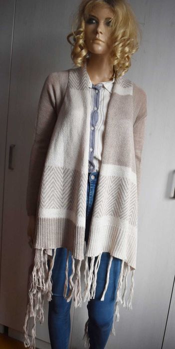 Sweter wełniany kardigan S 36 frędzle niezapinana narzutka Kapalua