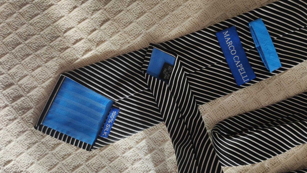 Krawat 100% jedwab Marco Capelli czarnobiały paski prążki vintage