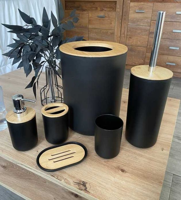 Zestaw Łazienkowy Czarny 6 Elementów Akcesoria Kosz Dozownik Komplet