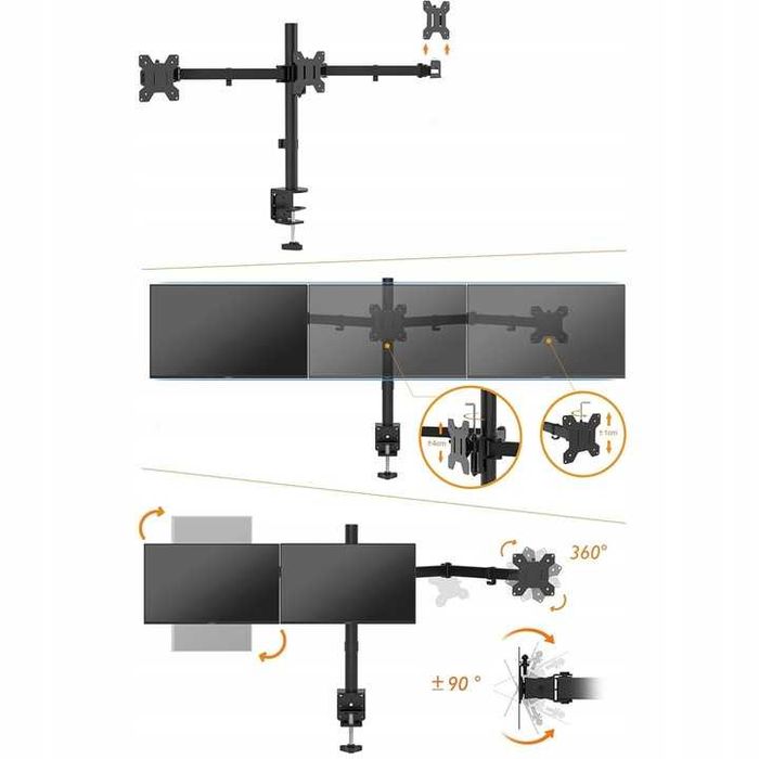 BONTEC Potrójny uchwyt do 3 monitorów 13-24 cali Stojak na Monitory