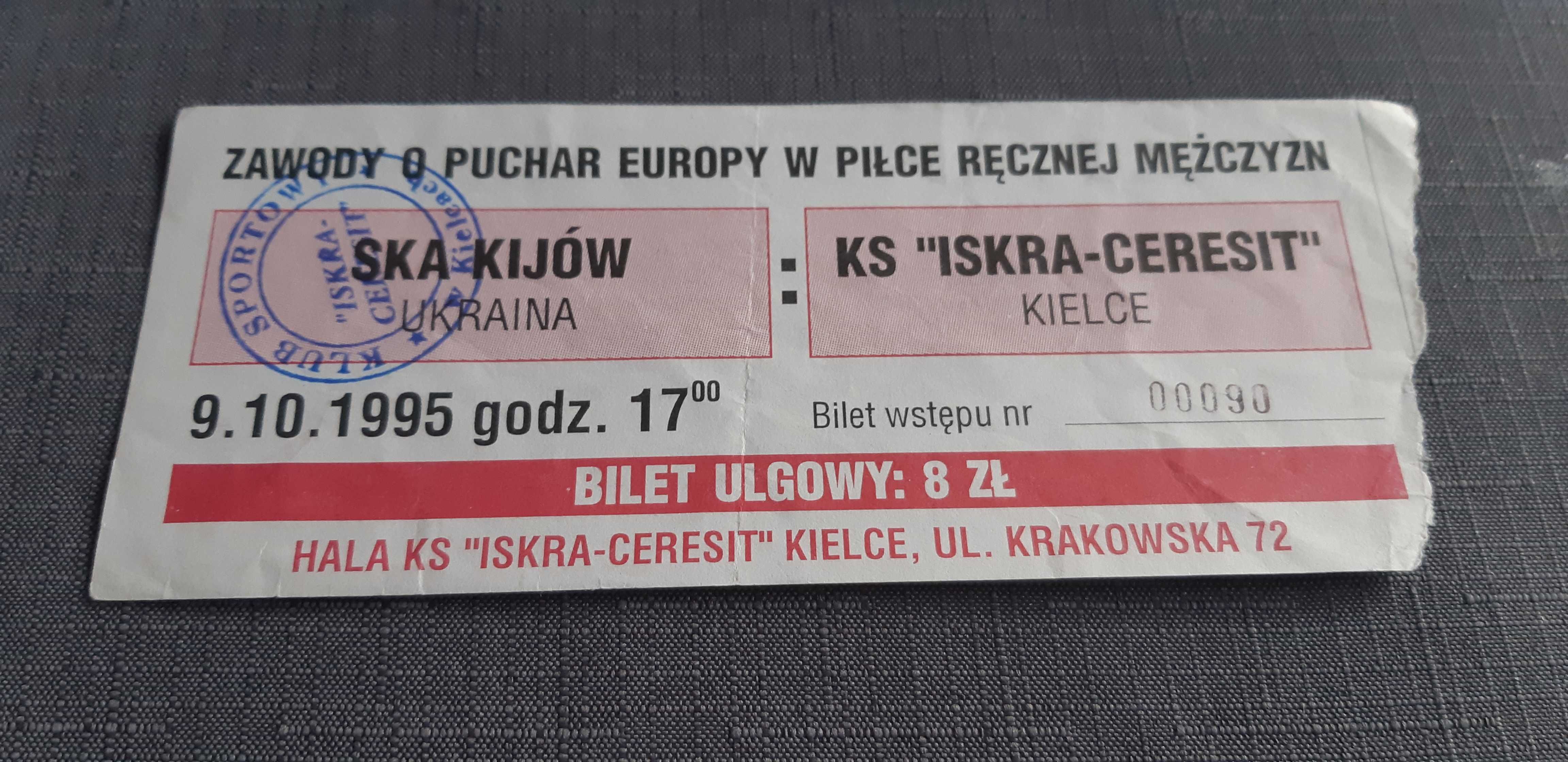 bilet z meczu KS Iskra Ceresit Kielce -SKA Kijów Ukraina 9.10.1995