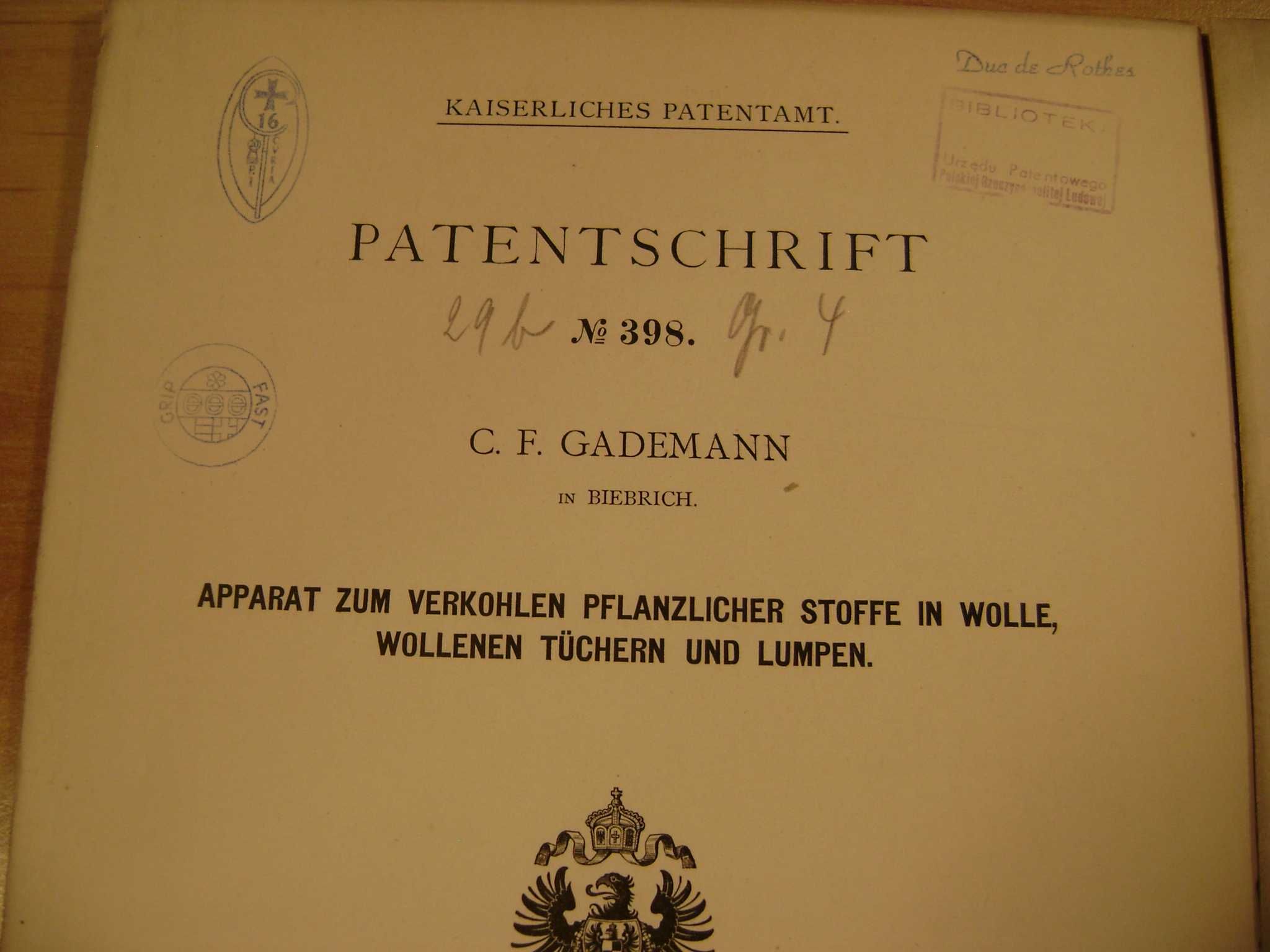 Starocie z PRL Patent niemiecki o b. niskim numerze = Zestaw 2 sztuki