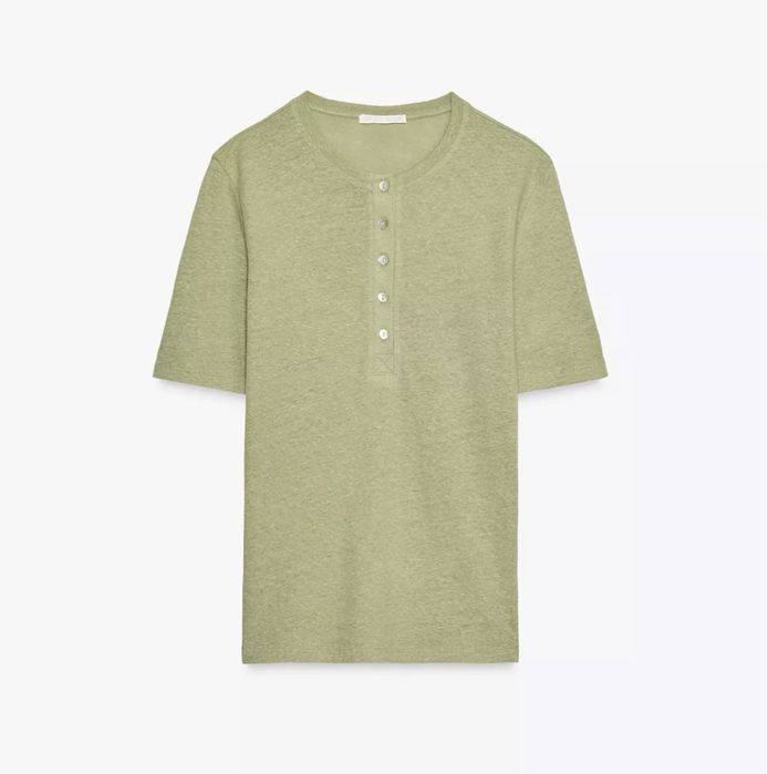 Лляне поло на гудзики, льняне поло жіноче, оливкова футболка Zara льон