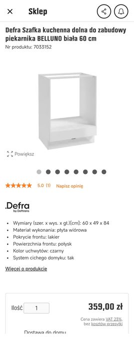Defra Szafka kuchenna dolna do zabudowy piekarnika BELLUNO biała 60 cm