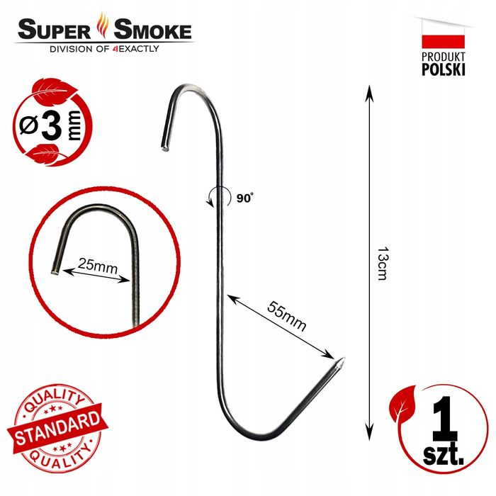 Hak Wędzarniczy SuperSmoke typu "S" boczny do wędlin 3mm 13cm Standard