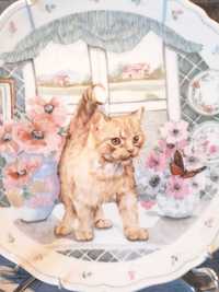 Angielski talerzyk porcelanowy z kotkiem