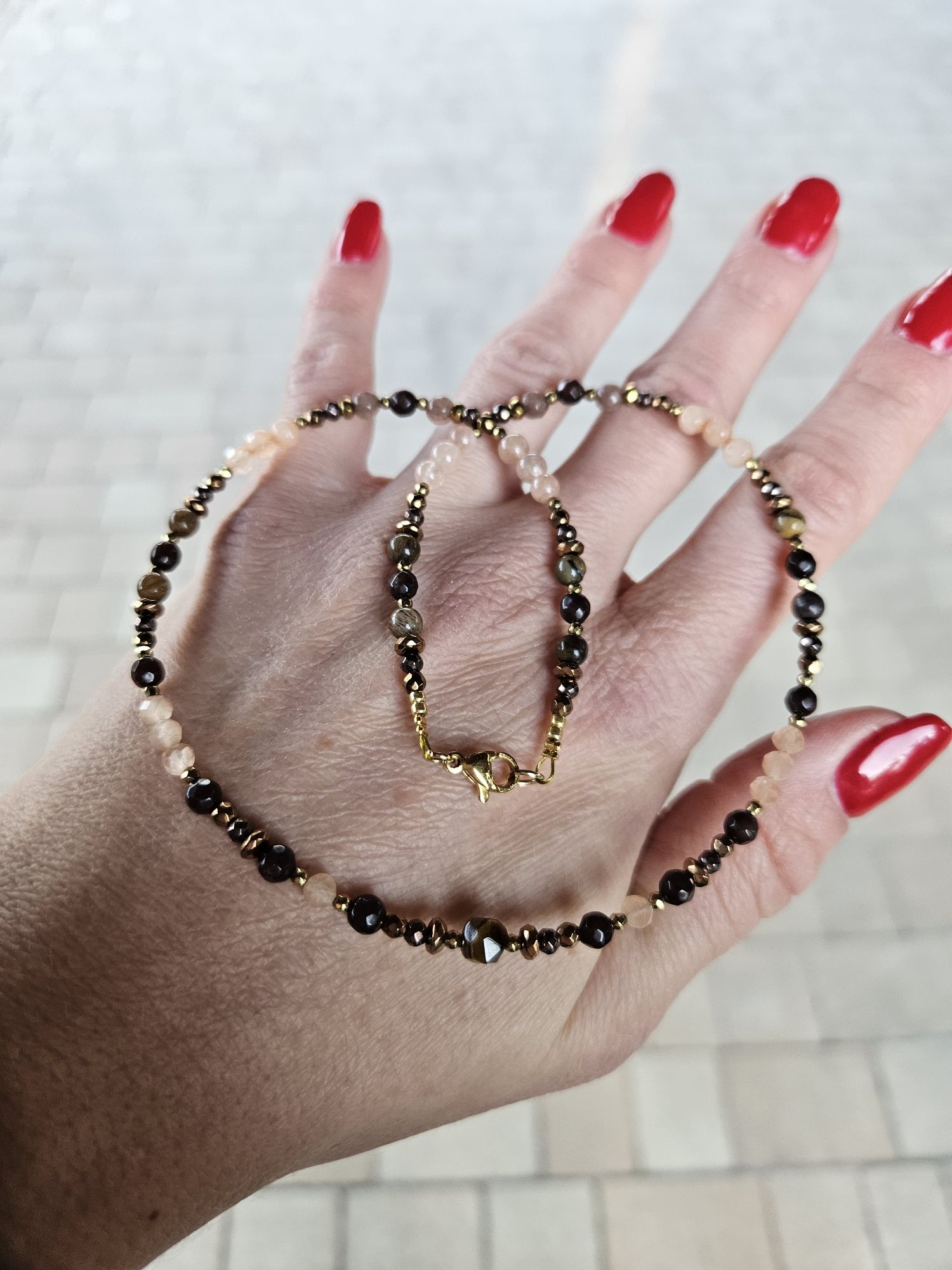 Naszyjnik Choker kamienie naturalne Tygrysie oko Jadeit Agat Hematyt