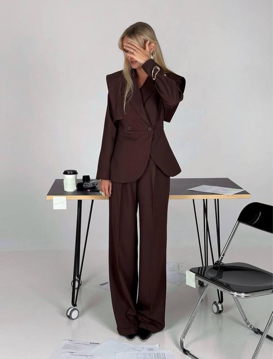 Женский костюм пиджак+брюки S-XL черный,шоколад Жіночий костюм брючний