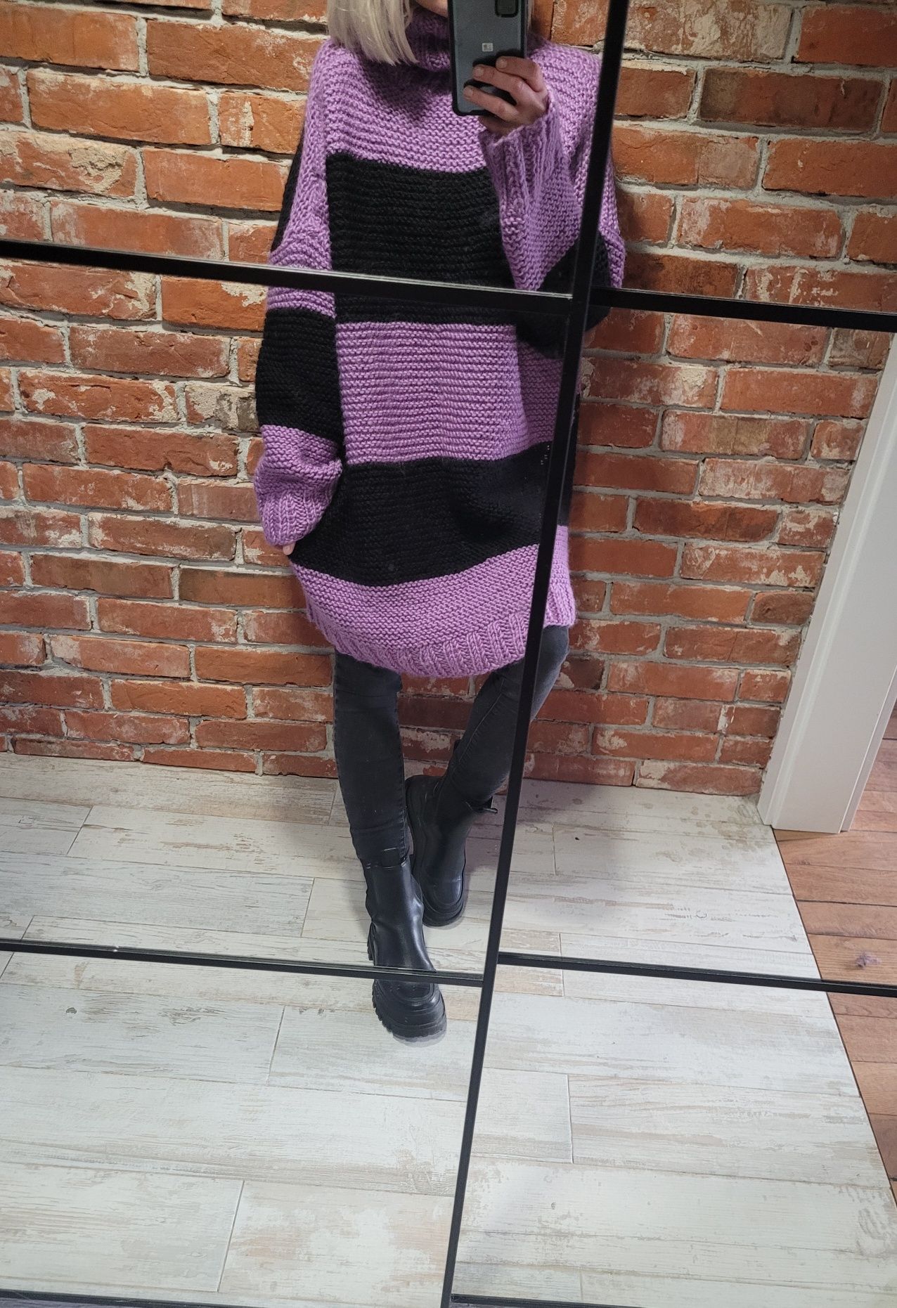Gruby wełniany sweter oversize pasy golf 100% wełna handmade