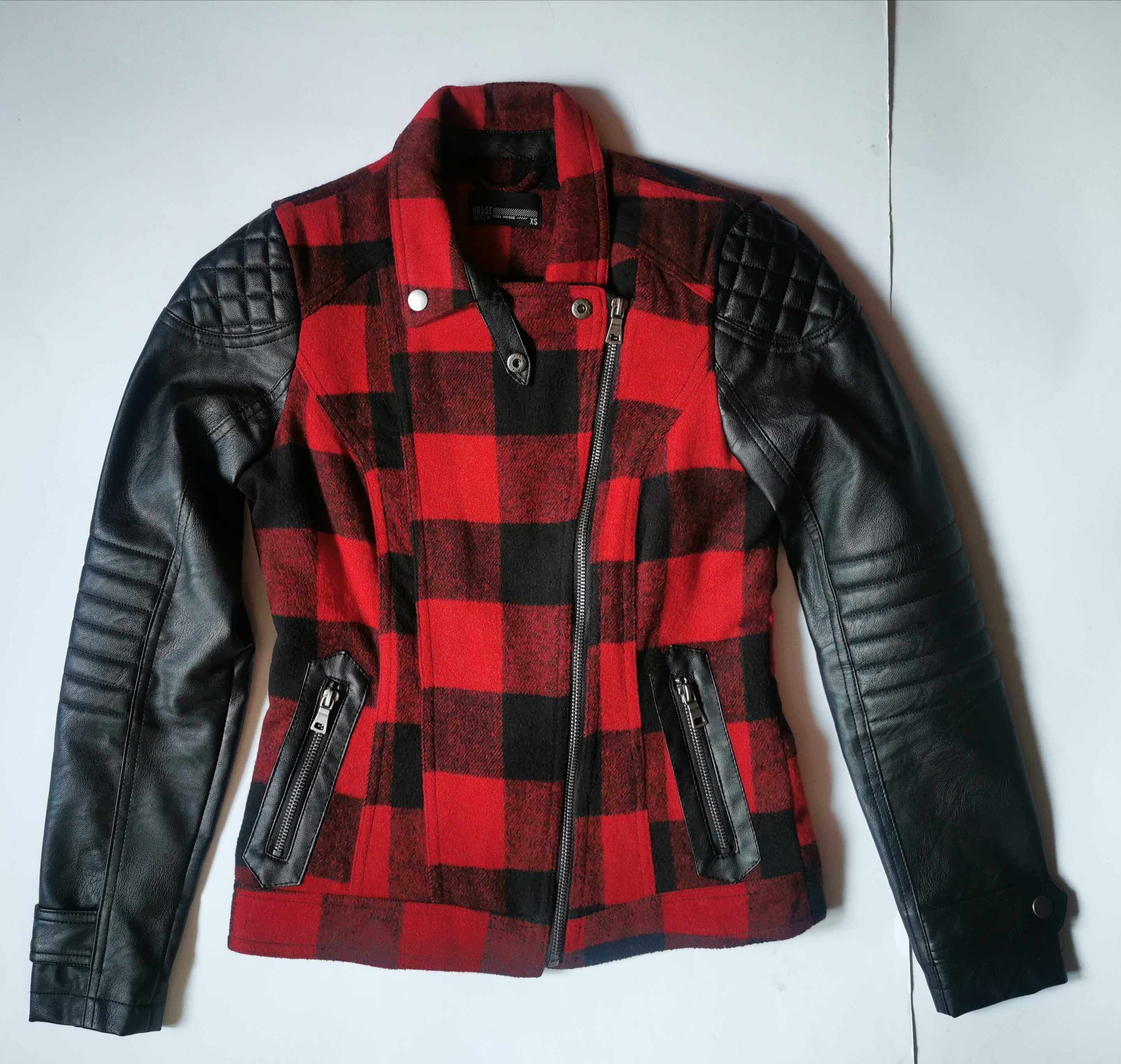 Kurtka w czerwoną kratkę ramoneska biker jacket punk skórzana House XS