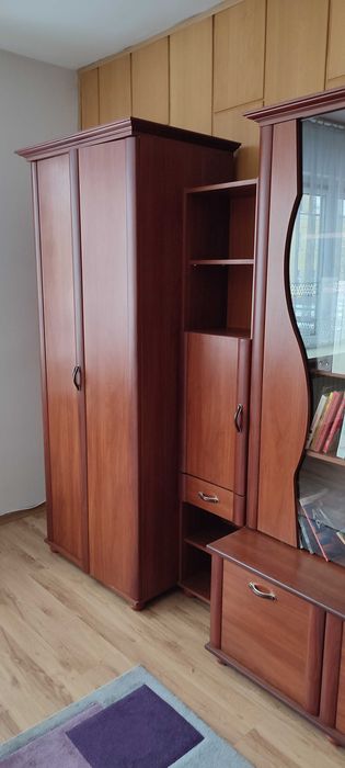 stylizowana meblościanka z ciemnego drewna