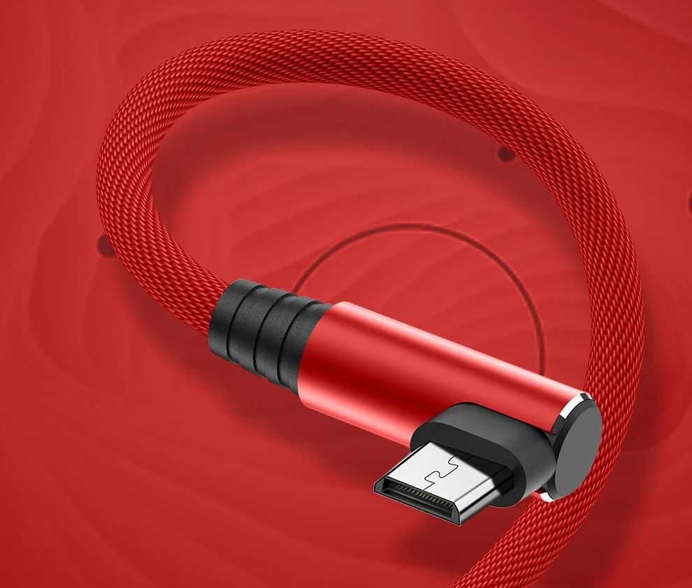 Kabel  USB A -Micro USB 3 metry Kątowy Mocny Oplot Niebieski 3A