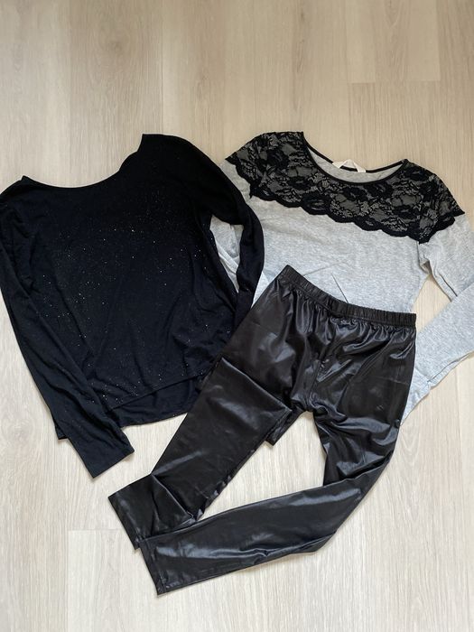 Paka dziewczynka 170 H&M bluzka z koronką brokat legginsy a’la skóra