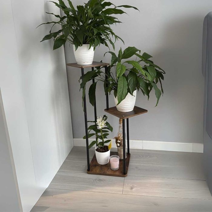 KWIETNIK METALOWY LOFT 3-POZIOMOWY Czarny z Drewnianymi Półkami 78 cm