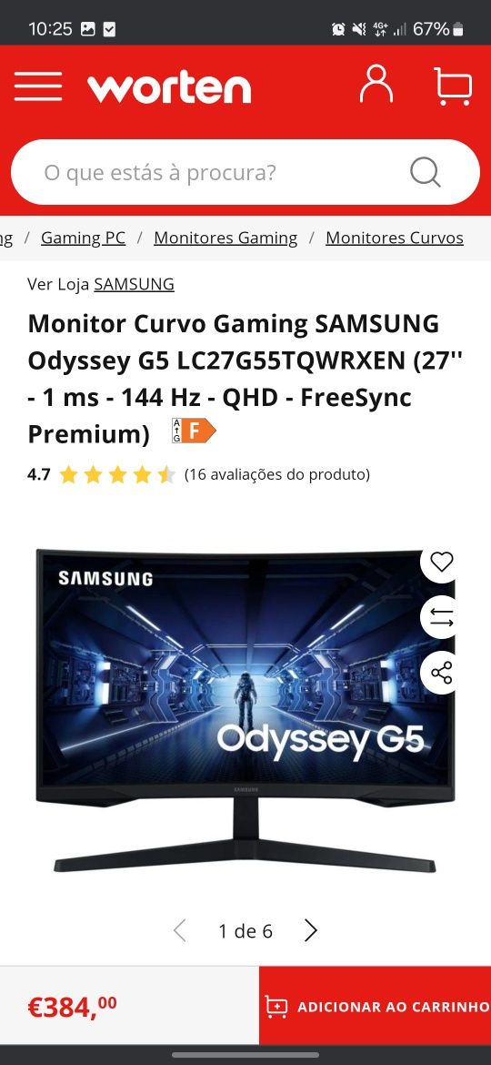 Monitor Curvo Gaming  SAMSUNG Odyssey G5 144hz