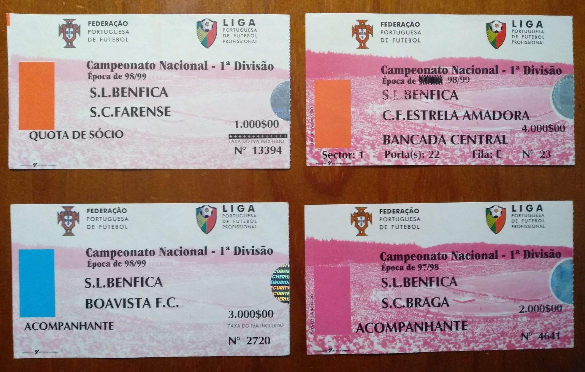 Lote de antigos bilhetes de futebol dos anos 90