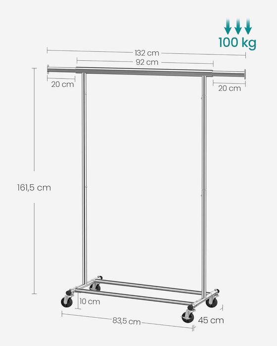 Wieszak garderobiany z kółkami, wysuwany drążek nośność 90 kg srebrny