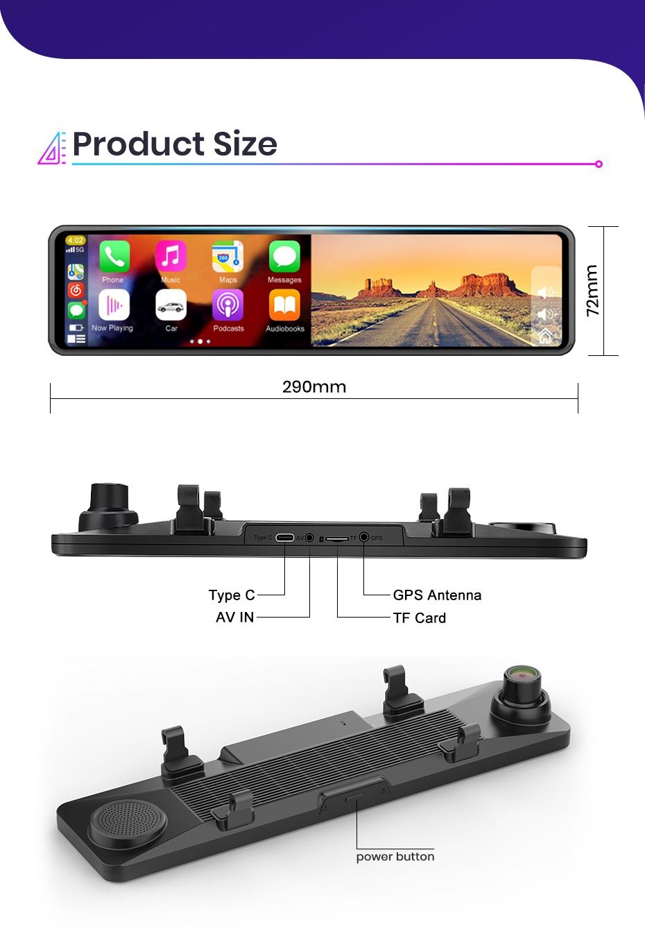 Espelho retrovisor DashCam 11,26 polegadas CARPLAY 2 Câmaras App WiFi