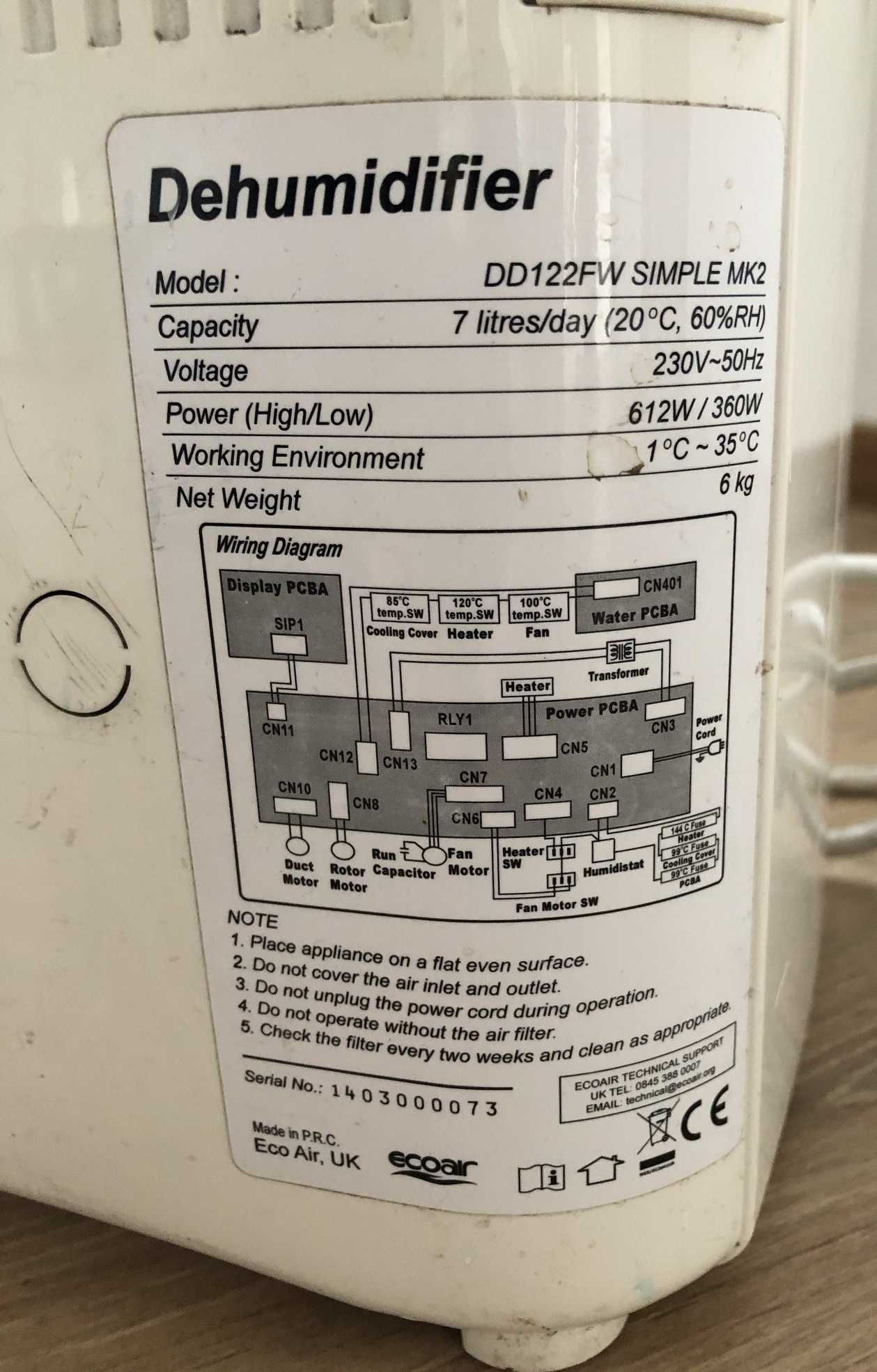 Osuszacz powietrza EcoAir DD122FW Simple   [nie włącza się]