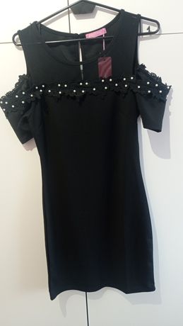 Śliczna czarna sukienka perełki S/M 36 38