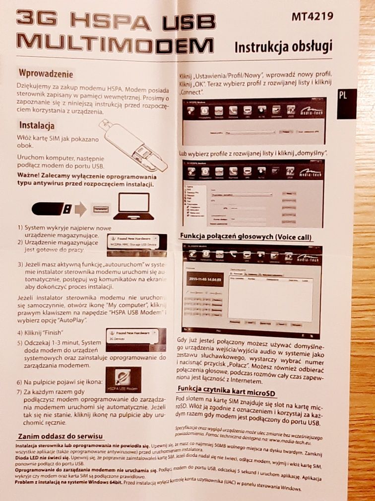 modem USB MediaTech MT4219 3G HSPA z czytnikiem kart micro SD