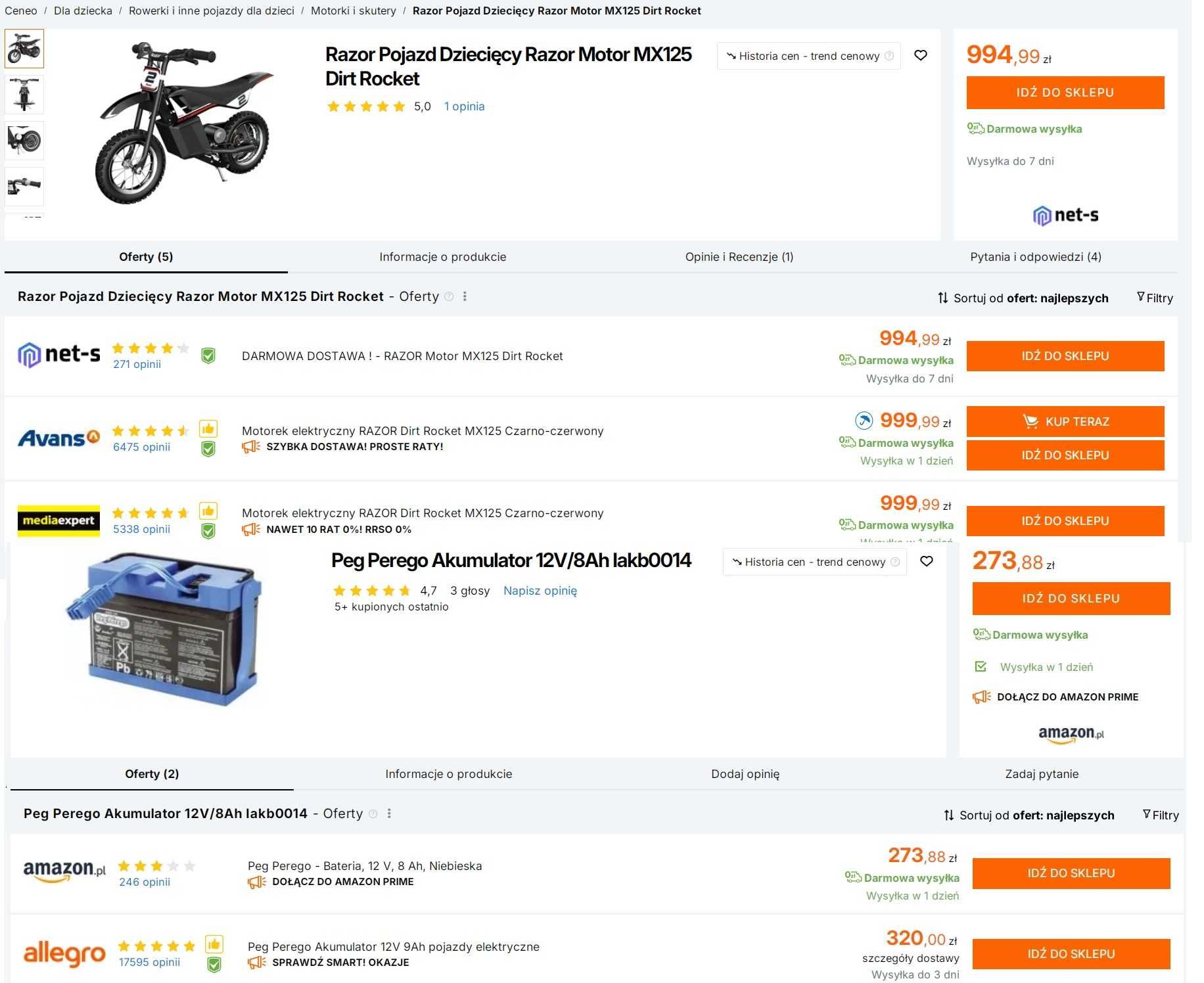 Motocykl elektryczny Razor MX125 + Peg Perego Akumulator 12V/8Ah