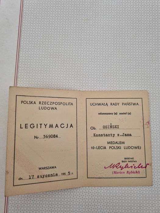 Legitymacja Odznaczenia Medalem
