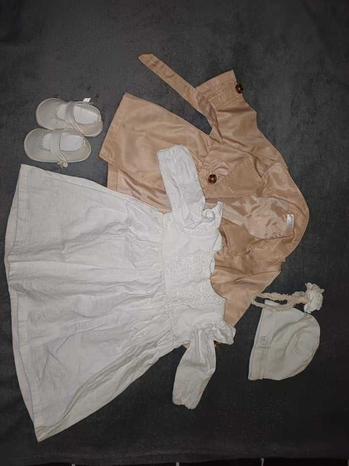 Zestaw  sukieneczka lniana r.74-80,płaszczyk, buty, czapeczka, opaska
