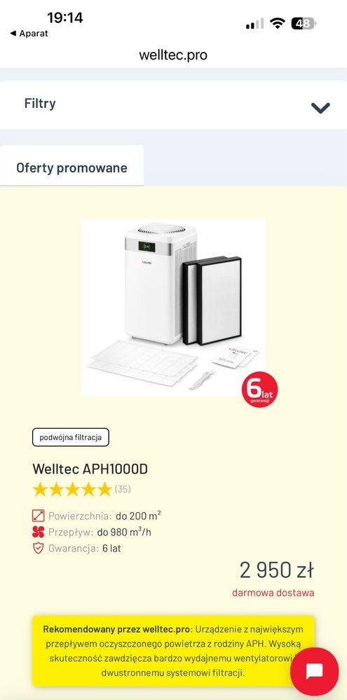 Oczyszczacz powietrza, jonizator Welltec APH 1000D mocny WiFi