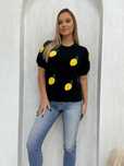 Sweter z krótkim rękawem wyszywane cytryny Lemon czarny sweterek
