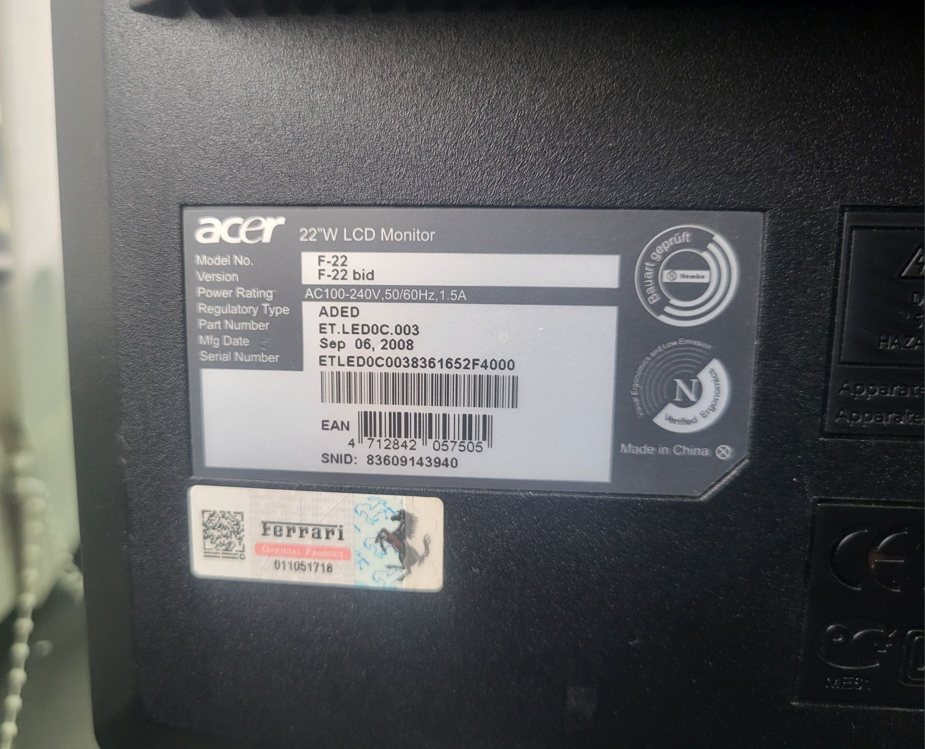 Монитор Acer ferrari f 22 дюйми 75 Гц