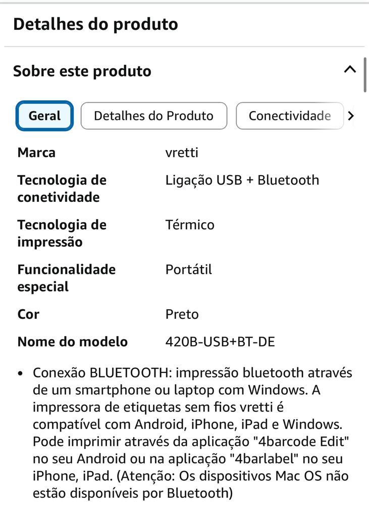 Impressora Vretti 420B bluetooth e usb nova na caixa