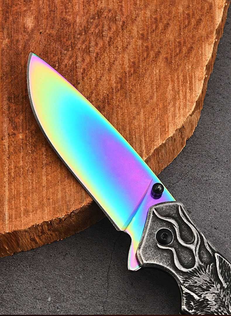 Nóż Scyzoryk myśliwski Tęczowy RAINBOW  WILK 3D metal KN51