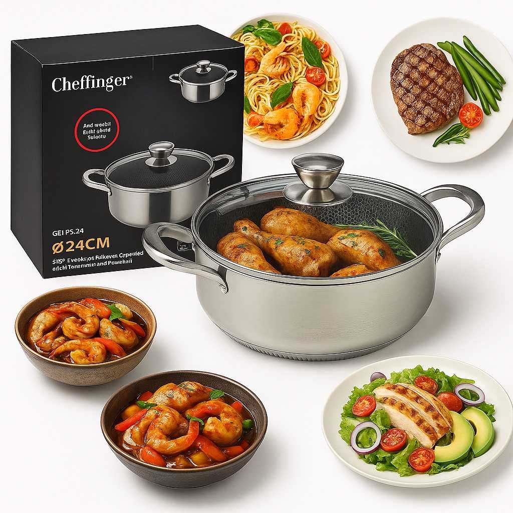 Patelnia Cheffinger Low Frying z pokrywką 24 cm plaster miodu