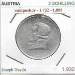 Áustria - -- 2 Shillings - 1932 -  - Joseph Haydn - -- Moeda  de Prata