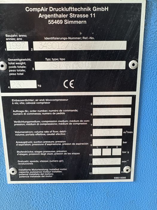 Kompresor sprężarka śrubowa CompAir start 016 11kw 1400l/min