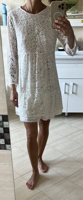 Zara cudna koronkowa sukienka mini elegancka ecru tiulowa