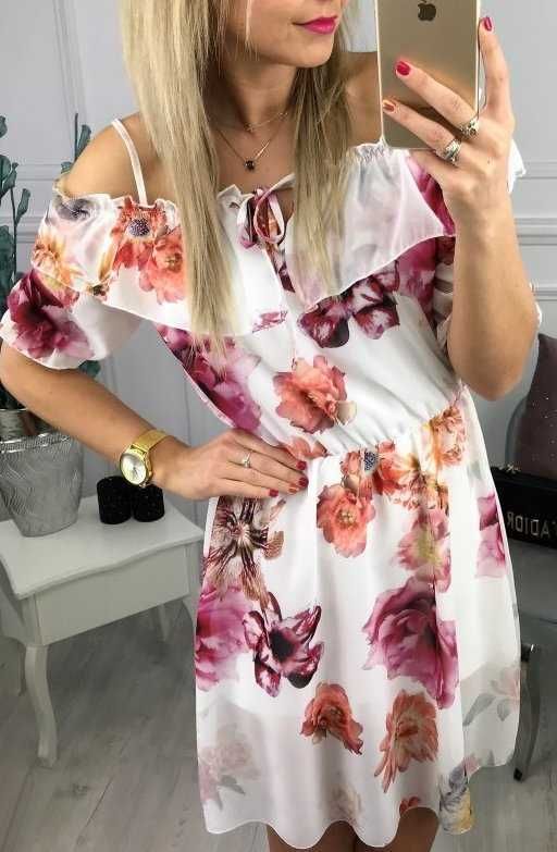 Sukienka Szyfonowa Hiszpanka Kolorowe Kwiaty Floral Elegancka Boho M L