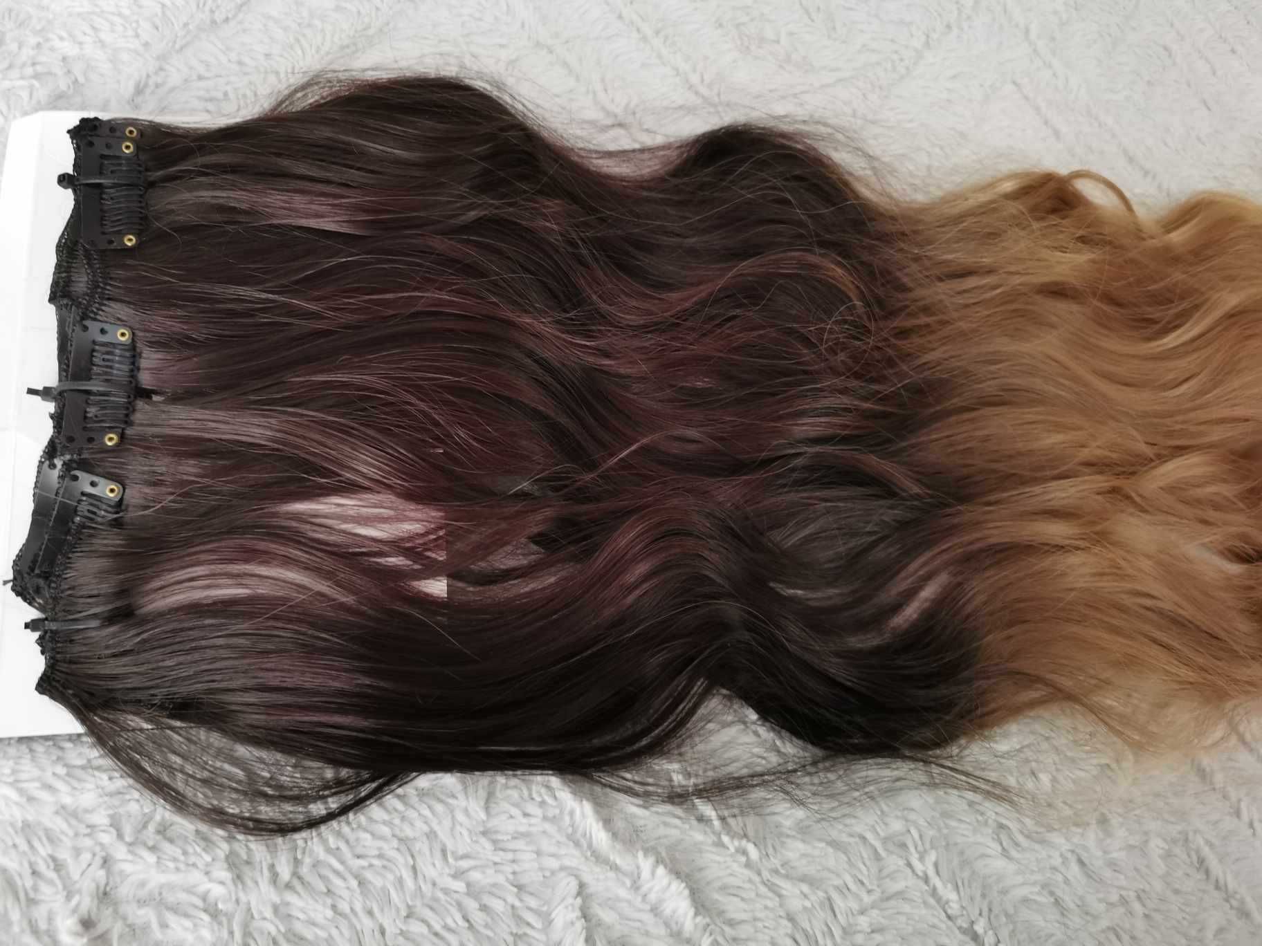 Doczepiane włosy ombre brąz blond clip 65cm fale
