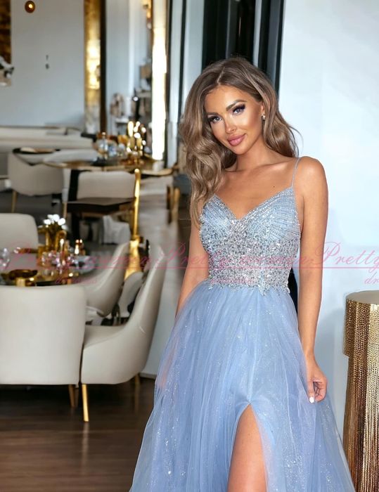 Sukienka tiulowa balowa 36/S srebrna błękitna emily pretty długa nowa