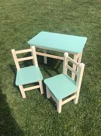 Mebelki drewniane sosnowe mięta białe zestaw stolik dwa 2 krzesełka