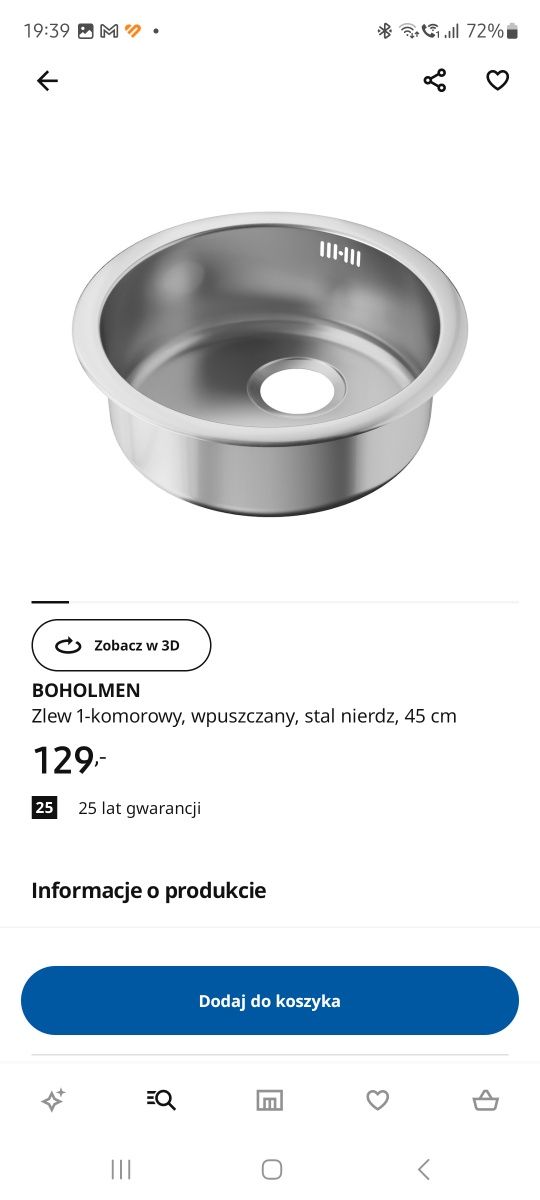 Zlew IKEA BOHOLMEN wpuszczany 45cm