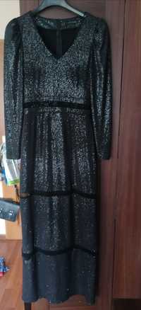 Czarna sukienka maxi brokat srebrny siateczka lalous 38 M ciążowa