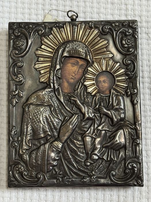 Ikona srebrna Matka Boska ma desce dėbowej 15x12cm