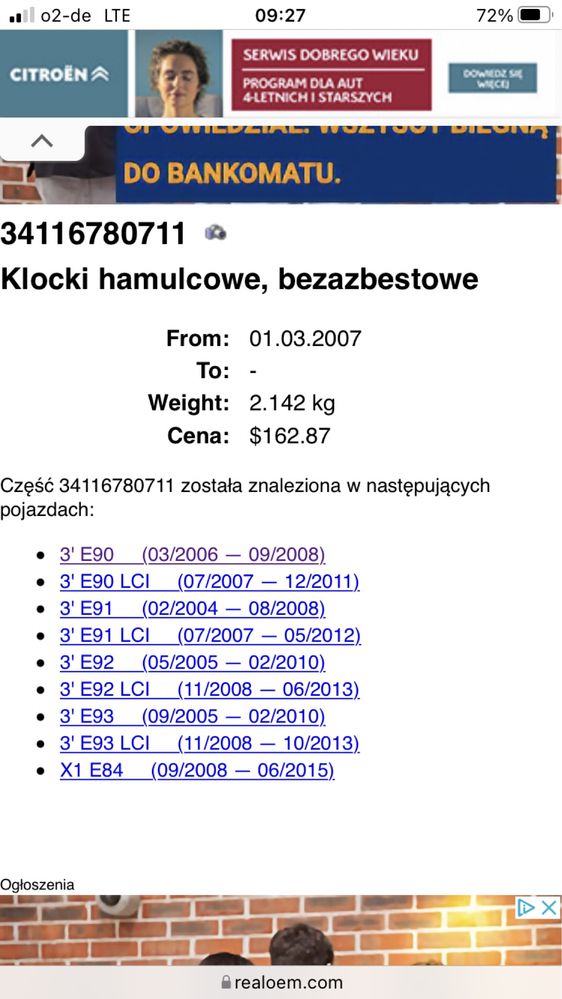 Nowe oryginalne klocki hamulcowe przód BMW E90 E91 E92 E93 X1 E84